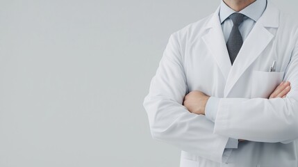 A doctor in a white coat stands confidently with arms crossed in a clinical setting, conveying professionalism and trustworthiness