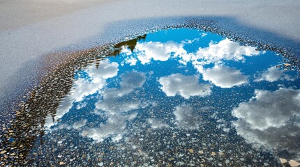 Reflections of sky and clouds in a puddle on an asphalt road