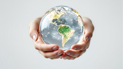 Hands gently holding a transparent globe showing continents in detailed relief