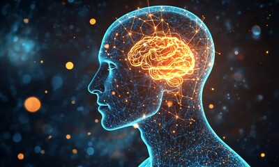 Futuristic Digital Human Profile with Glowing Brain and Abstract Neural Network, Symbolizing Artificial Intelligence and Cognitive Science Concepts in a Vibrant Background
