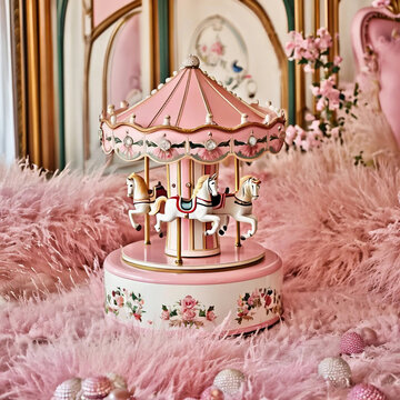 Generative AI:A pink carousel music box lies on a pink plush blanket