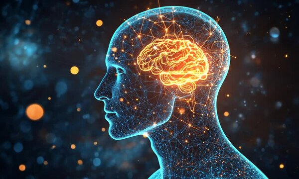 Futuristic Digital Human Profile with Glowing Brain and Abstract Neural Network, Symbolizing Artificial Intelligence and Cognitive Science Concepts in a Vibrant Background