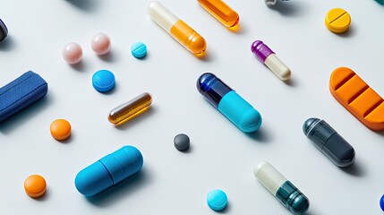 Assortment of Various Colored Pills and Capsules on White Background