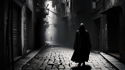 A glitchy outré dimensional drifter, fragments of reality shifting around them in a disjointed dance of chaos and order. The main subject appears to be a hooded figure standing in a crumbling alleyway