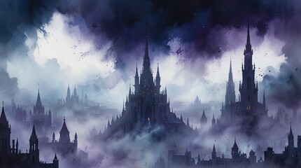 A malevolent swirling mist shrouds a spectral city floating amidst stormy skies, an eerie sight captured in a mesmerizing watercolor painting.