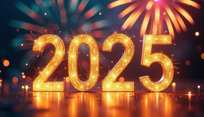 Glittering Happy New Year 2025 text glowing brightly against a backdrop of colorful fireworks and lights.