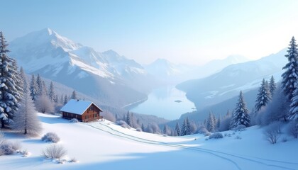 Fototapeta premium Snowy serenity A cozy cabin nestled in the heart of winter wonderland