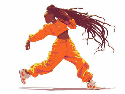 woman with dreadlocks dansing vector illustration Energetic Dance Move by Afro-American Woman in Vibrant Orange Outfit"