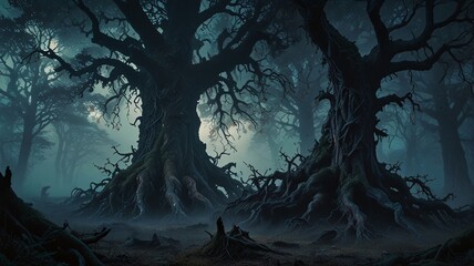 In the heart of a macabre majestic forest in an anime, stands a towering specter tree shrouded in eerie mist.