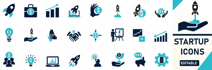 business startup flat icon set featuring rocket launch, business plan, investment, launch, strategy, growth, innovation, idea, funding, and success target vector symbols