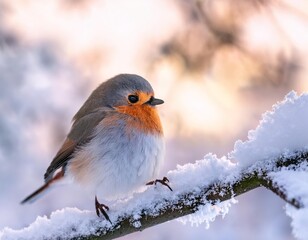 European robin perching on snowy branch at sunset in winter