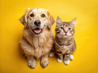 Fototapeta premium Aerial view of a relaxed dog and cat on a bright yellow background, perfect for animal lovers and ideal for colorful stock images celebrating companionship.