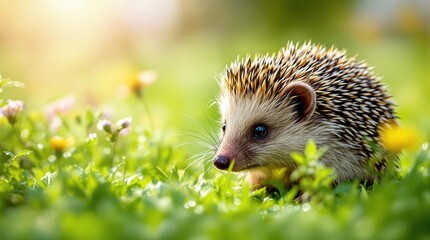 Adorable hedgehog exploring lush green meadow in springtime sunshine