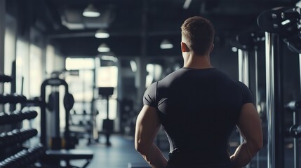 Fototapeta premium Young man in gym contemplating workout routine during late afternoon training session