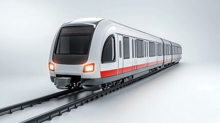 Naklejka premium A long, light gray train with red accents is on train tracks.