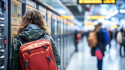 A student with long hair and an orange backpack stands next to a locker, surrounded by other students in a bustling school hallway during morning hours