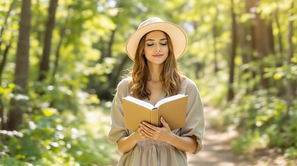 Woman in sun hat reading a book in a sunlit forest path