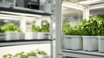 Modern biotech lab, plant samples in containers, sustainable solutions exploration