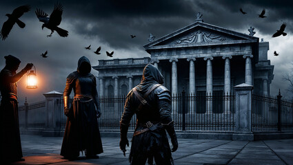 Naklejka premium Mysterious cloaked figures gather before ancient temple.
