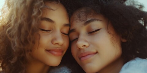 Obraz premium Two women are hugging each other and smiling. Scene is warm and friendly. The women are likely friends or family members, enjoying each other's company and sharing a moment of happiness