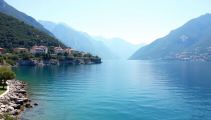 Fototapeta premium Tranquil lakeside retreat amidst majestic mountains