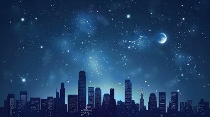 A serene night skyline with stars and a crescent moon illuminating the cityscape.