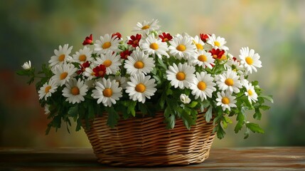 Fototapeta premium Red, yellow, and white daisies in basket, blurred nature background
