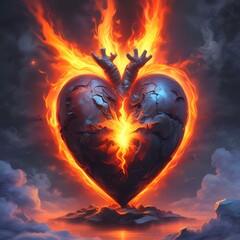 Fototapeta premium Illustration of dark heart with flames and fire.