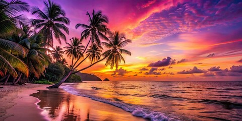 As dusk settles, calming waves embrace a stunning tropical beach sunset, epitomizing summer serenity and offering a blissful retreat at a resort vacation area.