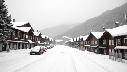 Fototapeta premium Snowy mountain village serene winter scene