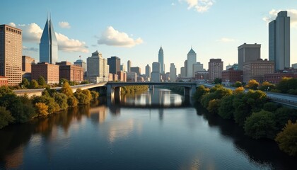Obraz premium Vibrant cityscape with a serene river under a bridge