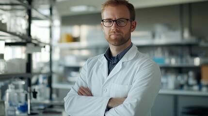 Fototapeta premium A confident researcher in a laboratory setting wearing a white lab coat while conducting experiments on a bright day
