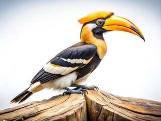 Obraz premium A vintage photograph showcasing a Great Hornbill (Buceros bicornis) elegantly perched on timber, set against a pure white background, emphasizing wildlife conservation and exotic tropical fauna.