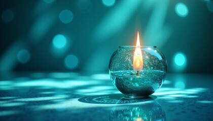 Luminous Teal Lamp Casting Intricate Shadows on Reflective Surface