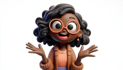 Fototapeta premium Long Shot of 3D Claymation Girl Character with Glasses - Happily Surprised Gesture, Isolated on White