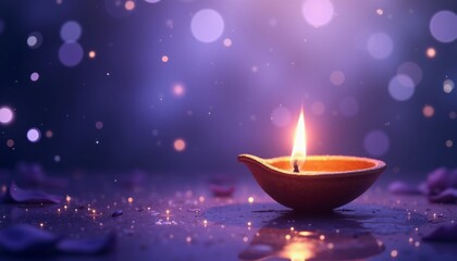 Luminous Diya with Flickering Flame on Reflective Surface in Indigo.