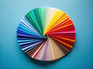 Obraz premium Brightly colored paper swatches in a fan formation on a soft blue background, ideal for sparking creative design inspiration and helping with color choices.