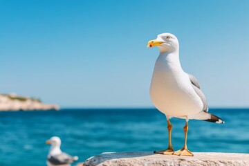 Fototapeta premium A seagull standing on a rock by the ocean under a blue sky.