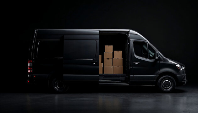 Sleek black delivery van with ajar doors revealing packed boxes, in minimalist lighting.

