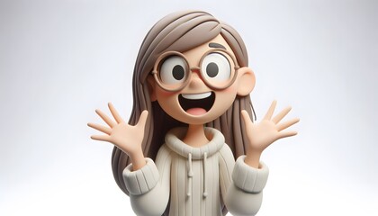 Long Shot of 3D Claymation Girl Character with Glasses - Happily Surprised Gesture, Isolated on White