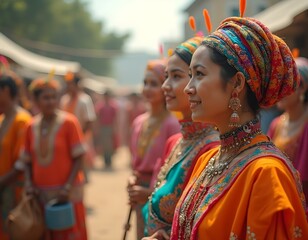 Women dressed in vibrant traditional attire with layered jewelry and colorful headwraps, participating in a cultural parade. Smiling faces reflect pride and joy in cultural heritage