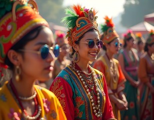 Women in traditional, vibrant attire adorned with ornate jewelry and headpieces, participating in a cultural festival parade. They wear sunglasses, adding a modern twist to traditional style
