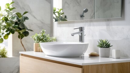 Fototapeta premium A modern bathroom with a floating vanity and a wall-mounted sink, decorated with small succulents, isolated 