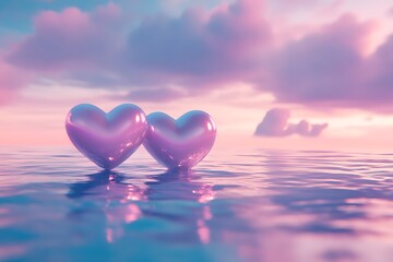 Fototapeta premium Floating hearts on a dreamy pink gradient with subtle light effects.
