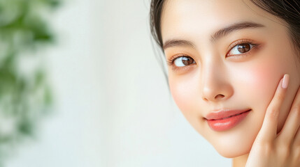 Obraz premium Close-up portrait of a young woman with flawless skin, soft makeup, and gentle smile, showcasing natural beauty and confidence in a bright environment