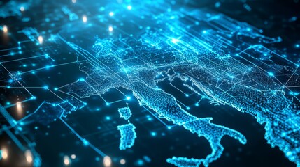 A 3D network map, with glowing mesh lines and points, on a sleek blue tech background