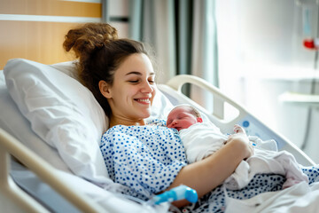 Mother with her newborn baby at the hospital a day after a natural birth labor
