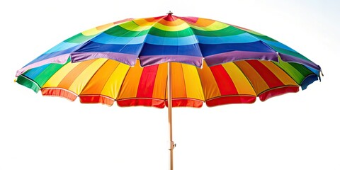Colorful beach umbrella stands alone against white backdrop, embodying summer vibes. Ideal for coastal decor, outdoor leisure time, and travel. A must-have vacation accessory.