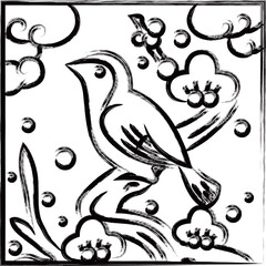 筆書き正方形シンプル花札　鶯　如月　梅　2月　梅に鶯