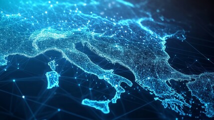 A 3D network map, with glowing mesh lines and points, on a sleek blue tech background